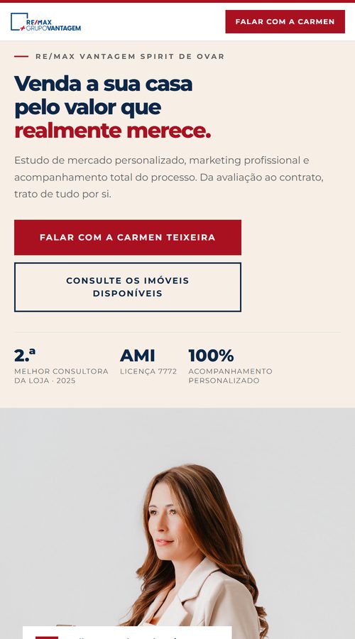 Pré-visualização da landing page de Carmen Teixeira no telemóvel.